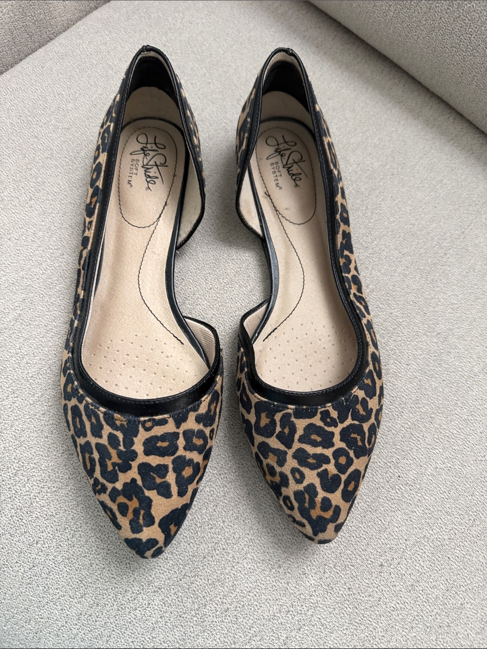 Life Stride Leopard Print Pointed Flats in Tan and Black